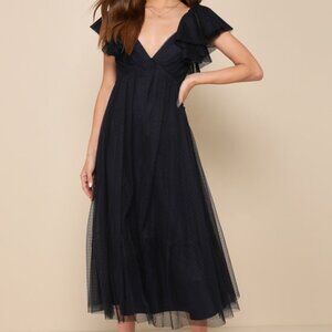 Lulus Perfect Invite Midnight Blue Swiss Dot Tie-back Midi Dress - Size L